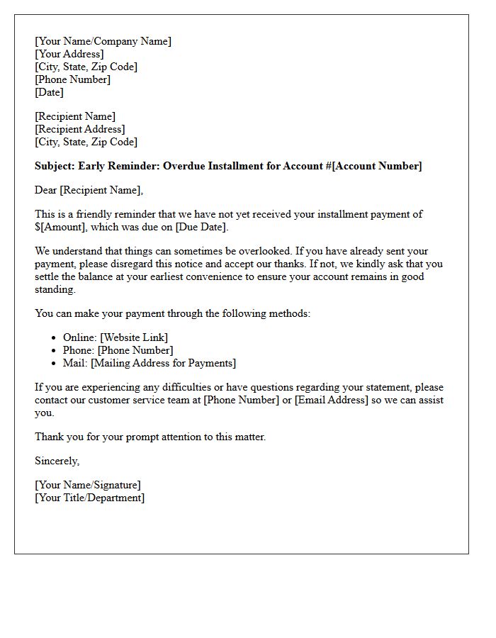 Early Reminder for Overdue Installment Letter