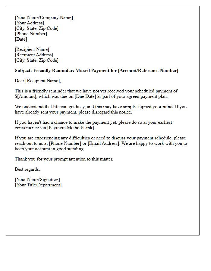 Friendly Notice of Missed Payment Plan Letter