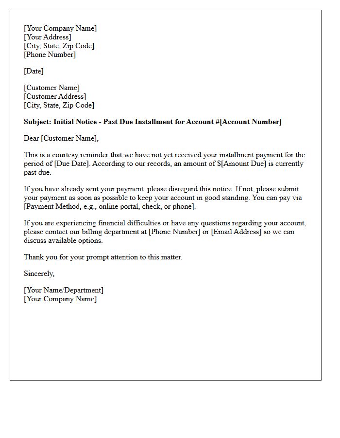 Initial Notice for Past Due Installment Letter