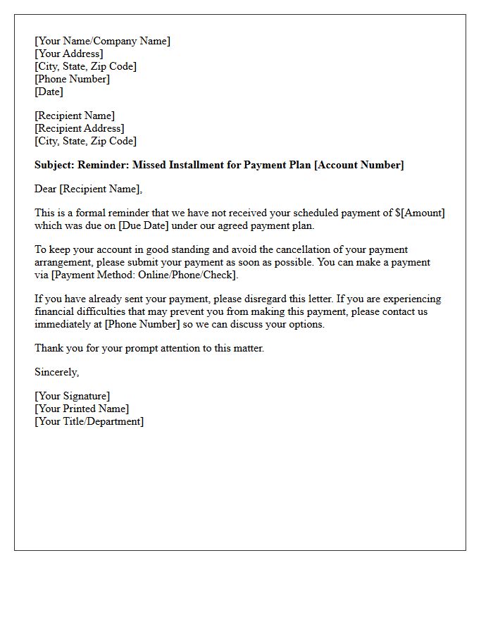 Missed Payment Plan Reminder Letter