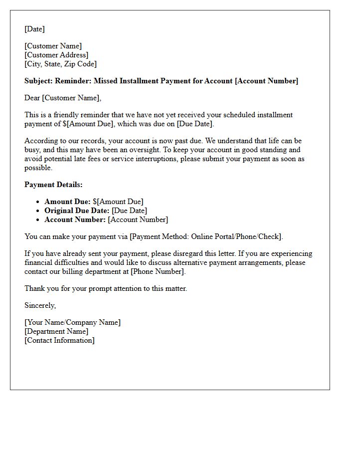 Missed Scheduled Installment Reminder Letter