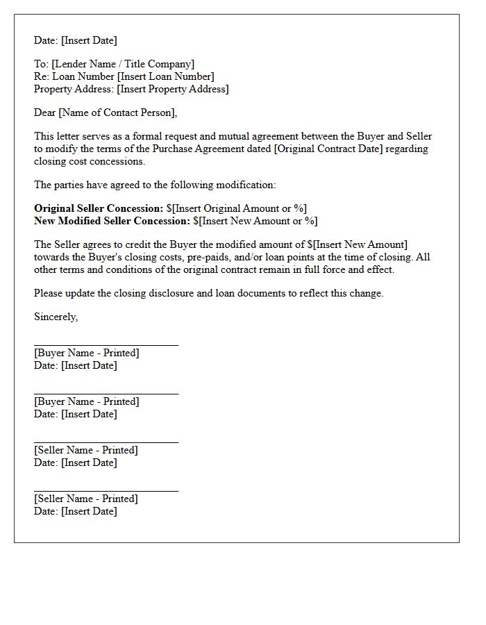 Closing Cost Seller Concession Modification Letter