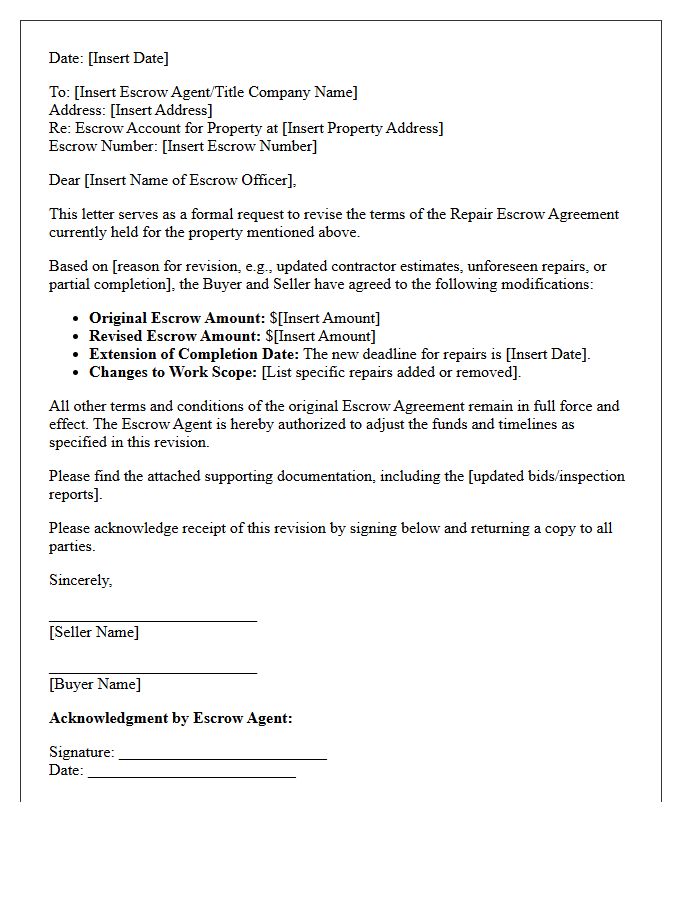 Property Condition Repair Escrow Revision Letter