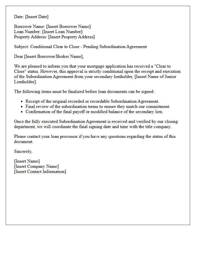 Clear To Close Pending Subordination Agreement Letter