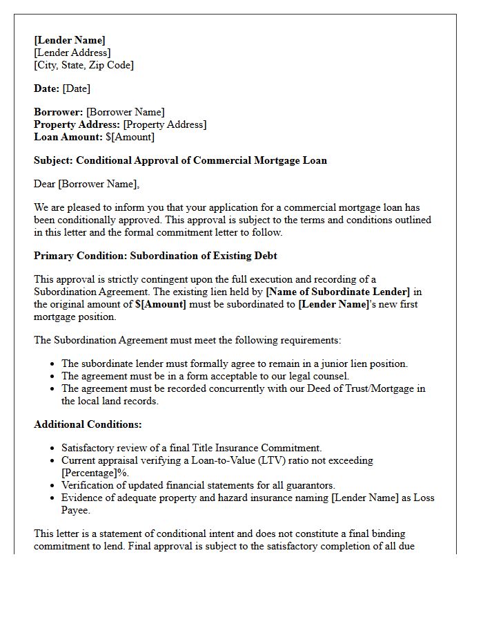Commercial Mortgage Conditional Approval Subject To Subordination Letter
