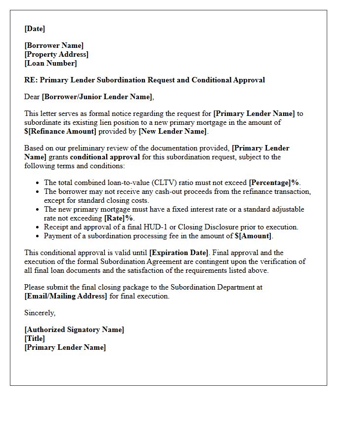 Primary Lender Subordination Request And Conditional Approval Letter