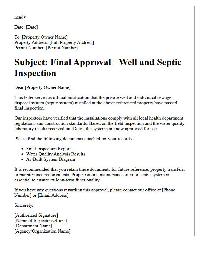 Final Approval Post Well and Septic Inspection Letter