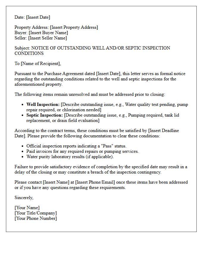 Outstanding Well and Septic Inspection Condition Letter