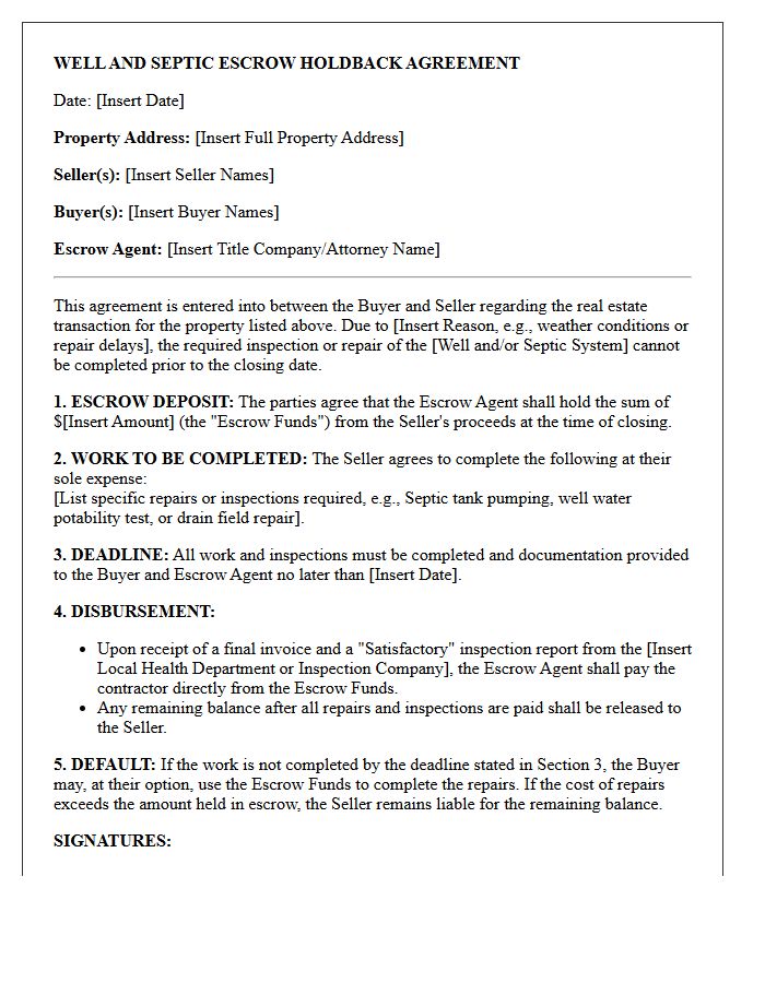 Well and Septic Escrow Holdback Agreement Letter