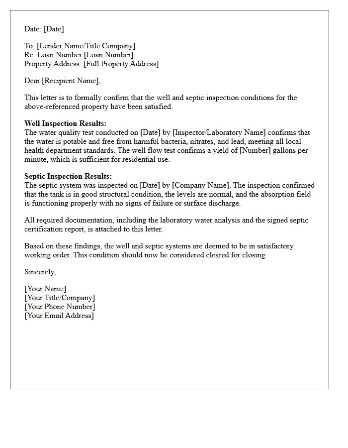 Well and Septic Inspection Condition Clearance Letter