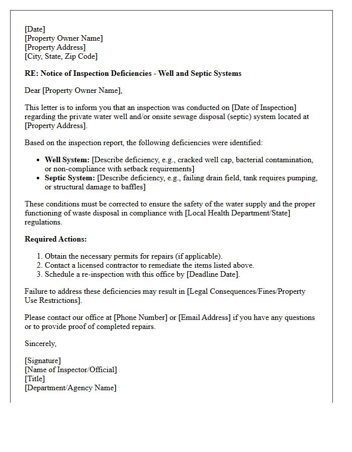 Well and Septic Inspection Deficiency Notice Letter