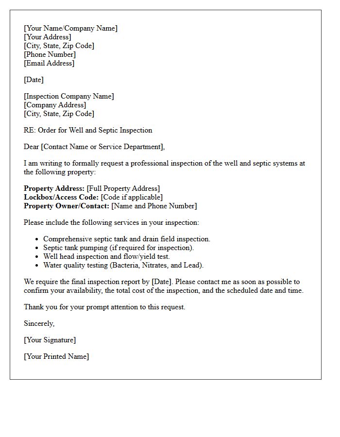 Well and Septic Inspection Order Request Letter