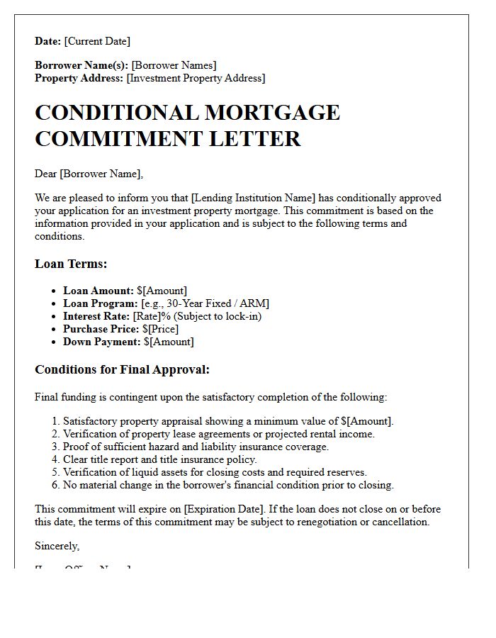 Investment Property Conditional Mortgage Commitment Letter