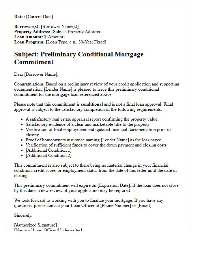 Preliminary Conditional Mortgage Commitment Letter