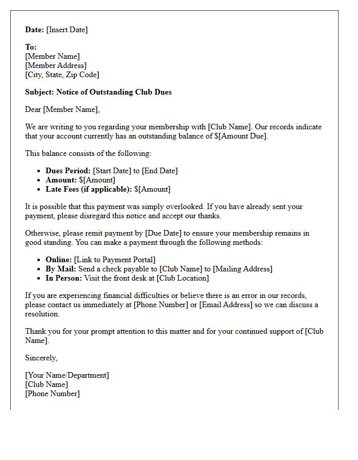 Introductory Debt Collection Letter for Club Dues
