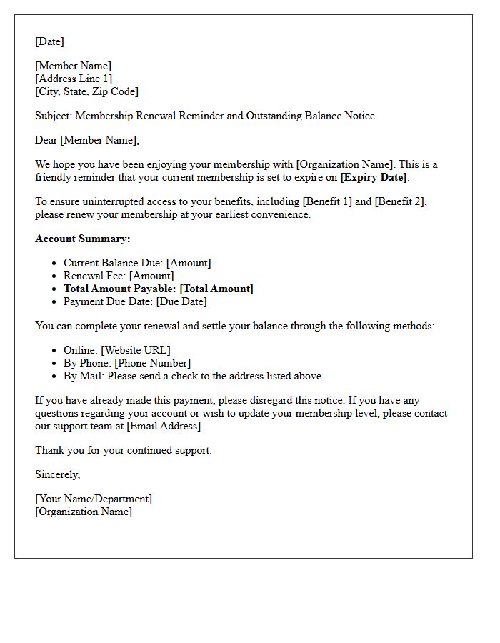 Membership Renewal Reminder Letter and Balance Notice
