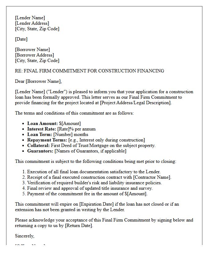 Construction Loan Final Firm Commitment Letter