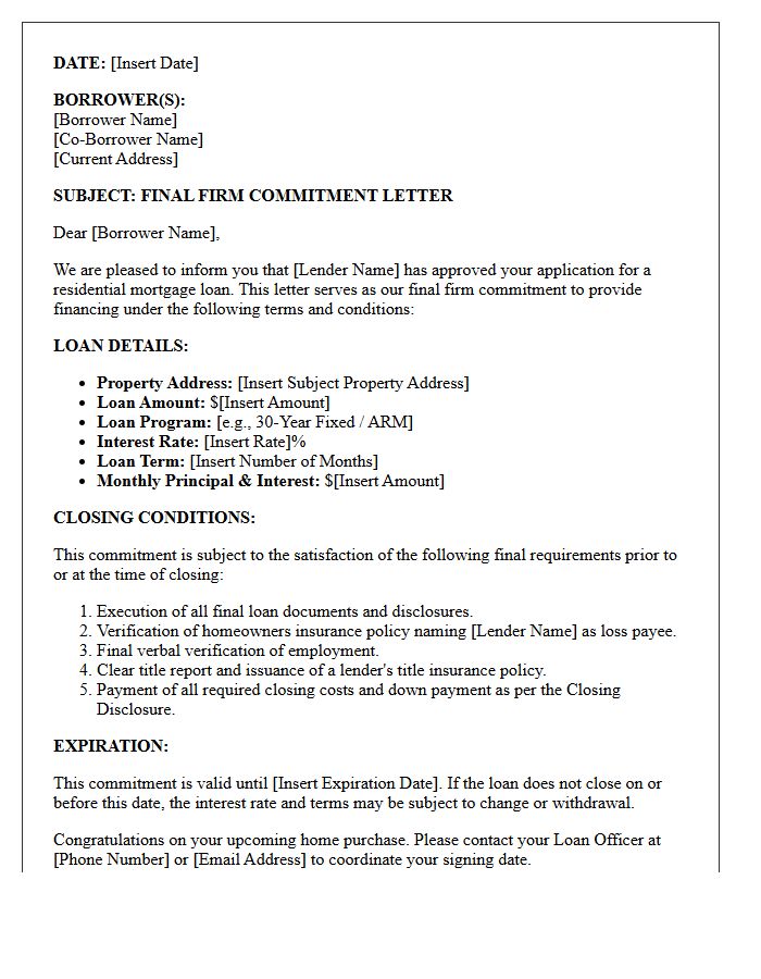 Residential Mortgage Final Firm Commitment Letter
