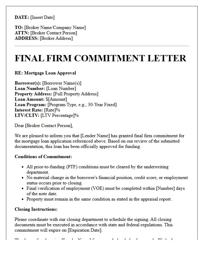 Wholesale Mortgage Final Firm Commitment Letter