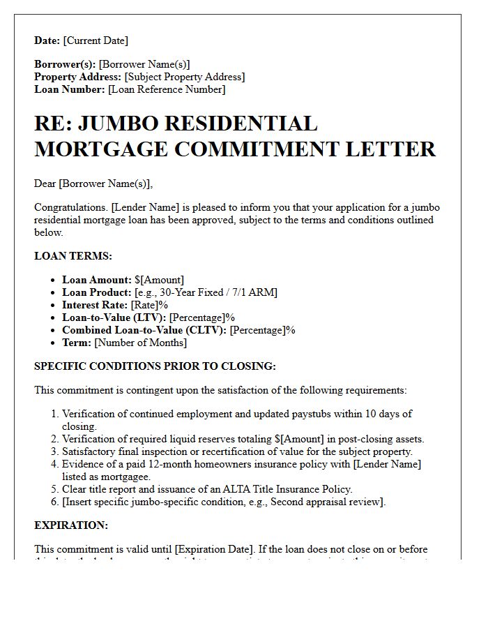 Jumbo Residential Mortgage Commitment Letter