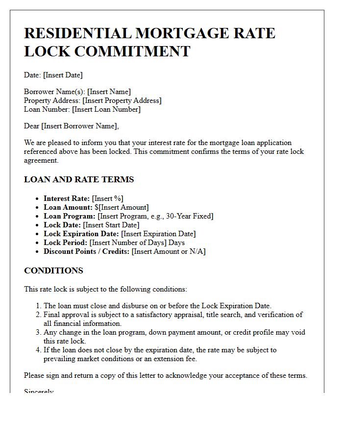 Rate Lock Residential Mortgage Commitment Letter