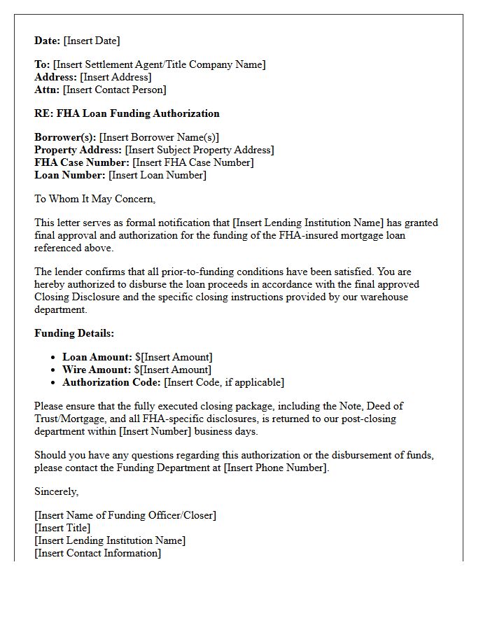 Federal Housing Administration Loan Funding Authorization Letter