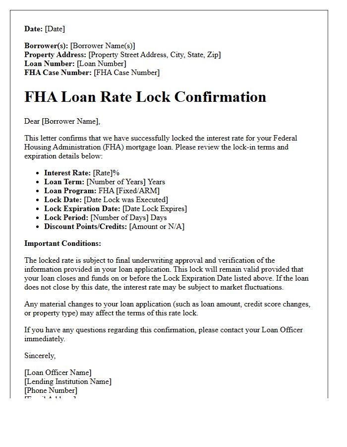 Federal Housing Administration Loan Rate Lock Confirmation Letter