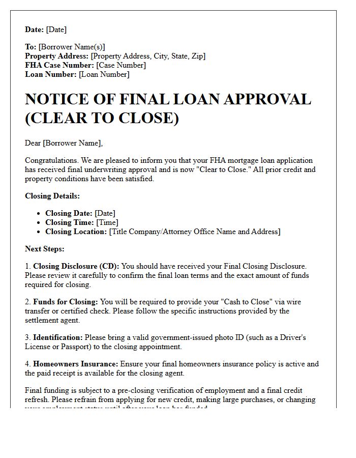 Federal Housing Administration Mortgage Clear To Close Letter