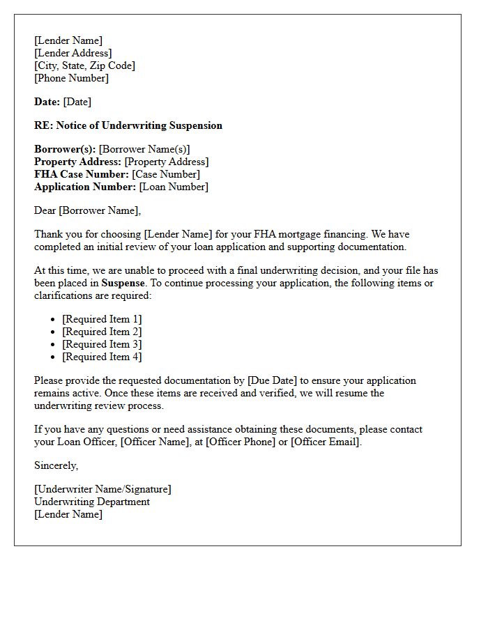 Federal Housing Administration Mortgage Underwriting Suspension Letter