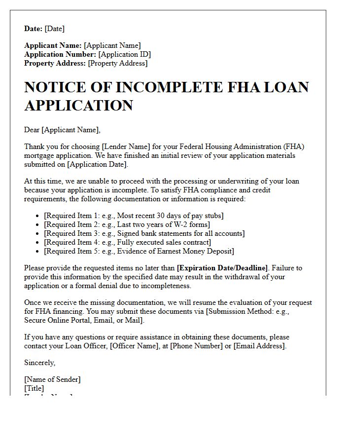 Notice Of Incomplete Federal Housing Administration Loan Application Letter