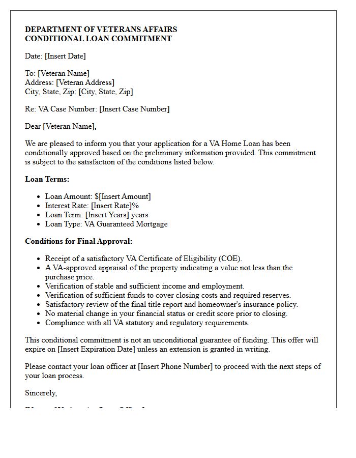 Veterans Affairs Conditional Loan Commitment Letter