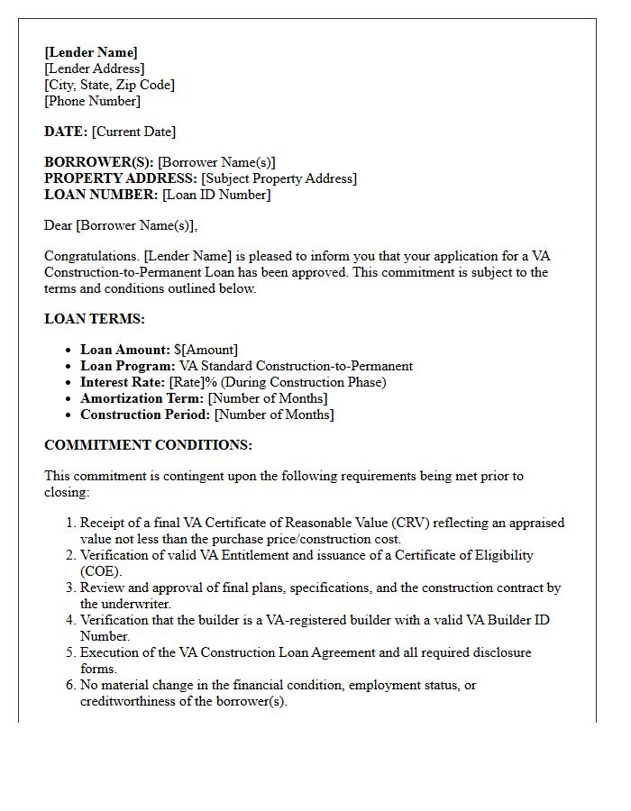 Veterans Affairs Construction Loan Commitment Letter