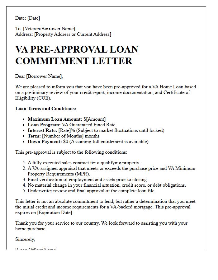 Veterans Affairs Pre-Approval Loan Commitment Letter