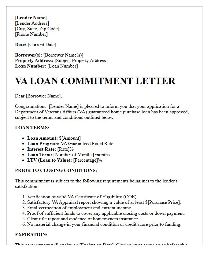 Veterans Affairs Purchase Loan Commitment Letter