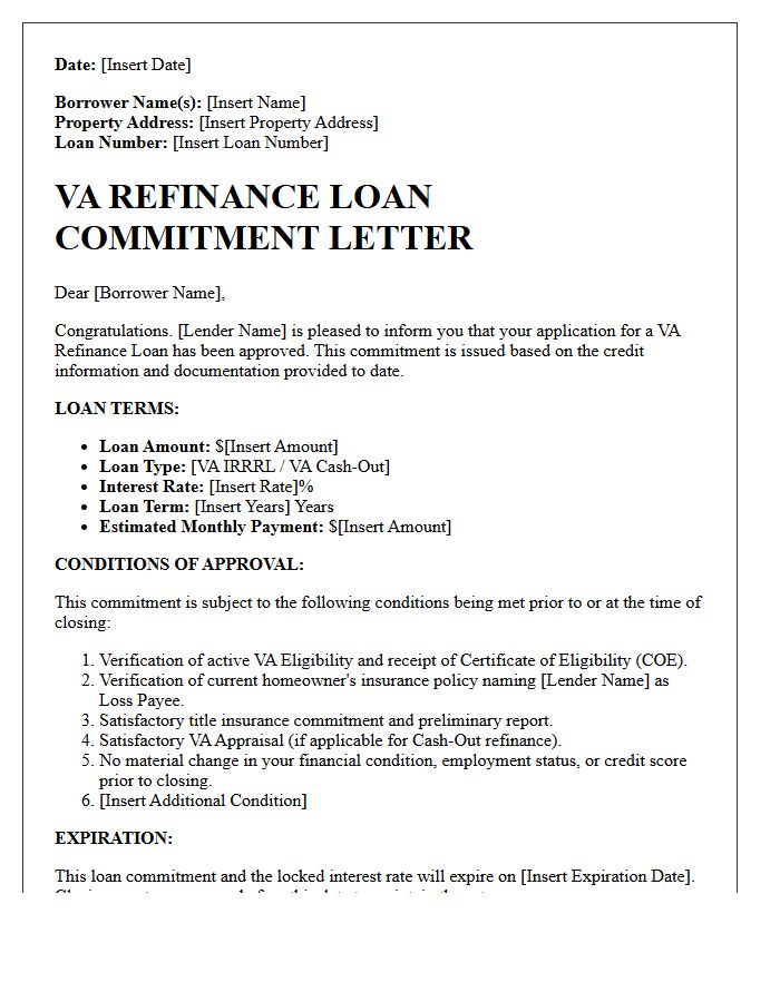 Veterans Affairs Refinance Loan Commitment Letter