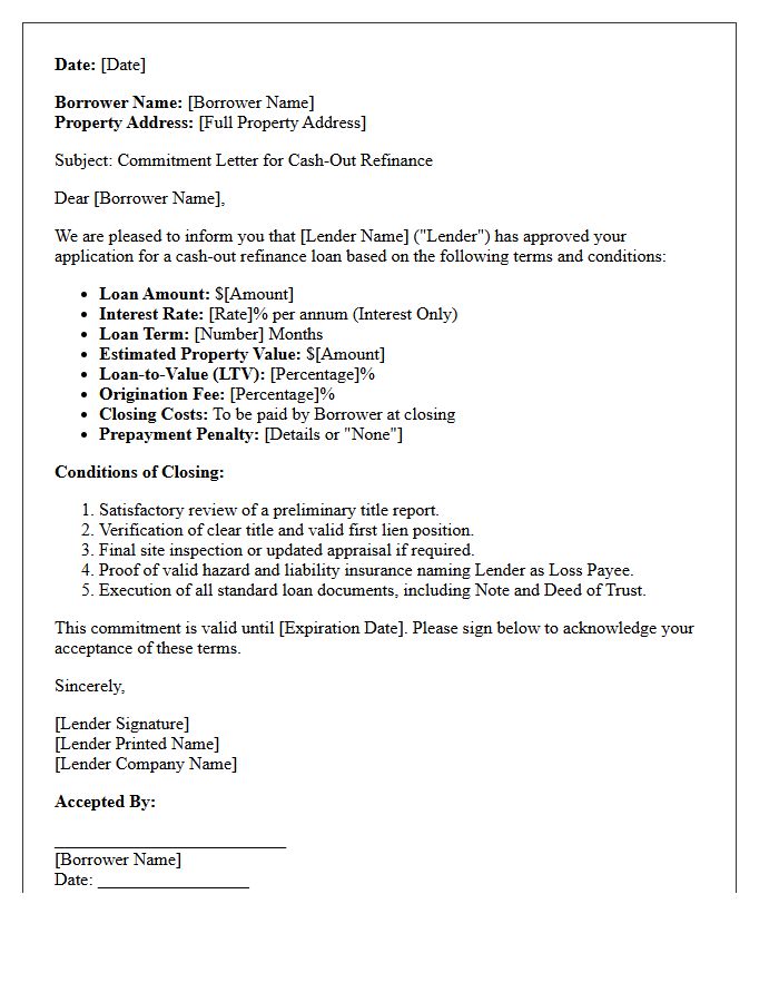 Cash-Out Refinance Hard Money Commitment Letter