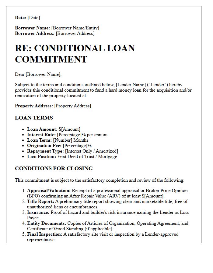 Conditional Hard Money Loan Commitment Letter