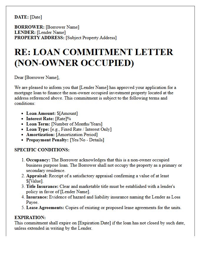 Non-Owner Occupied Property Loan Commitment Letter