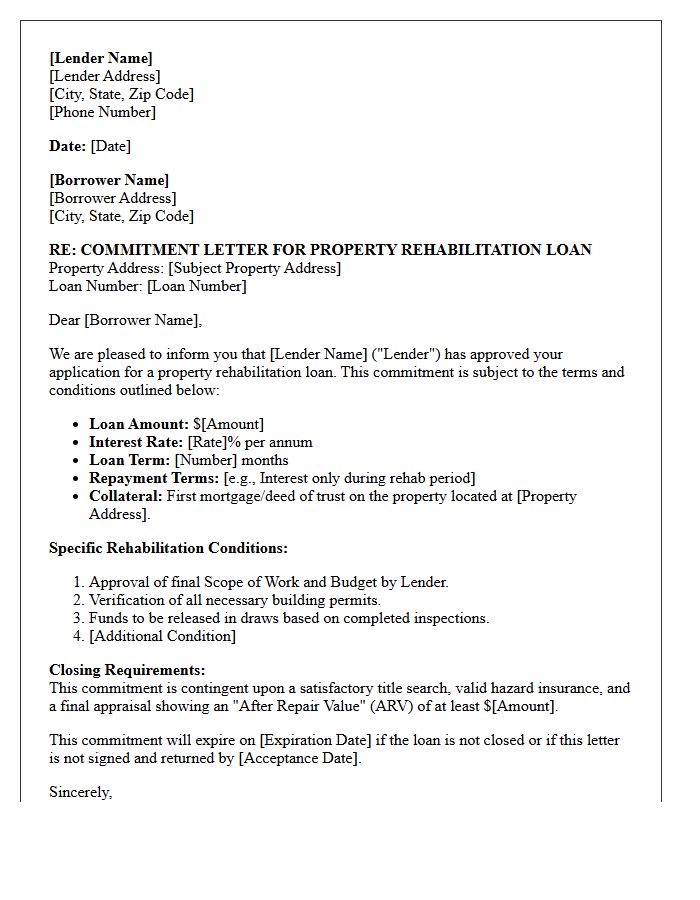Property Rehabilitation Loan Commitment Letter
