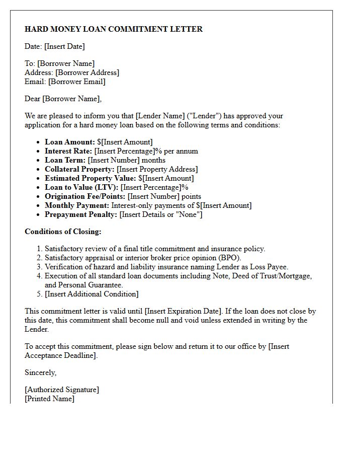 Standard Hard Money Loan Commitment Letter