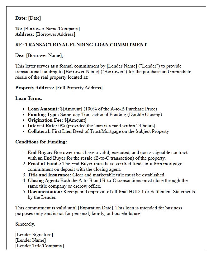 Transactional Funding Loan Commitment Letter