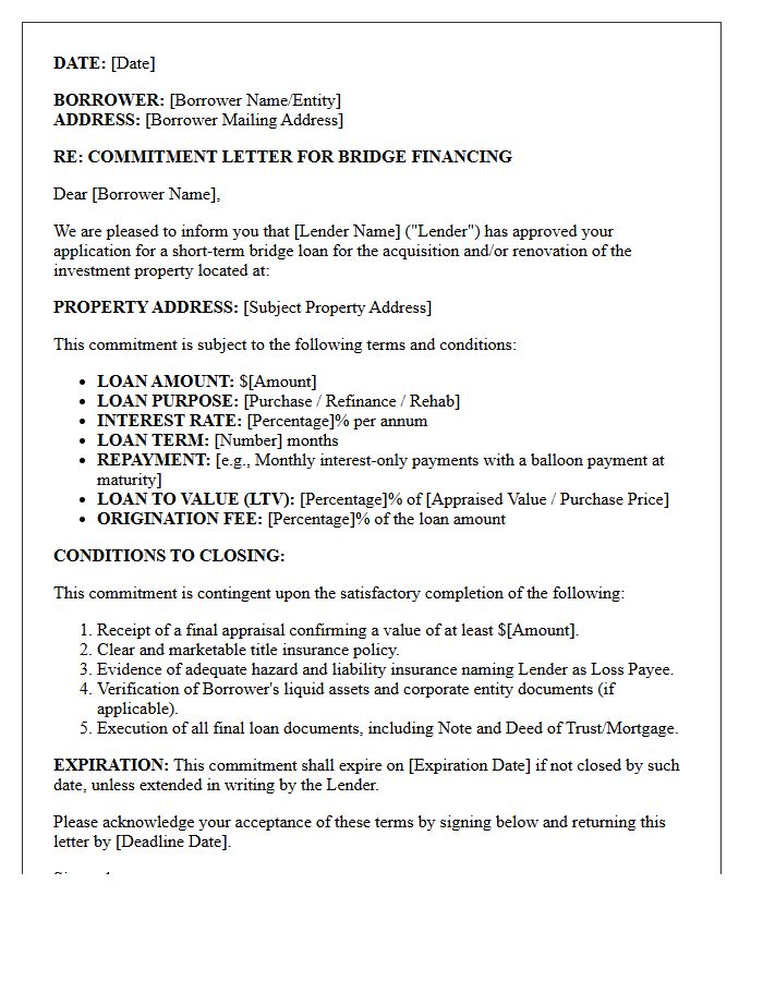 Bridge Loan Investment Property Commitment Letter