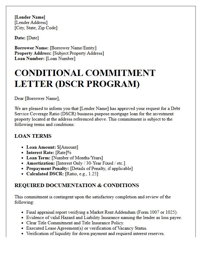 Debt Service Coverage Ratio Investment Property Commitment Letter