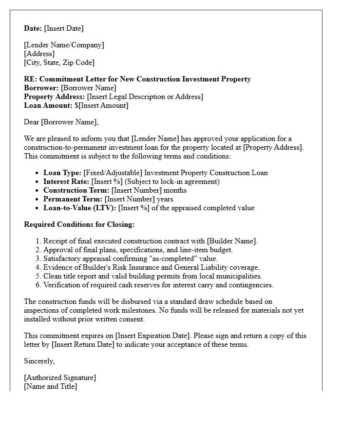 New Construction Investment Property Commitment Letter