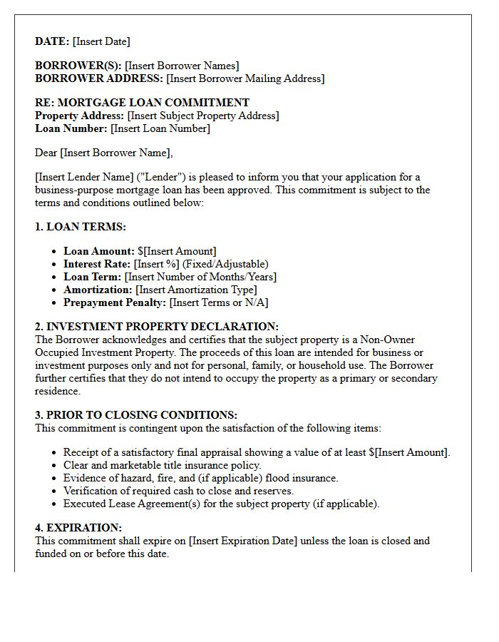 Non-Owner Occupied Investment Property Commitment Letter