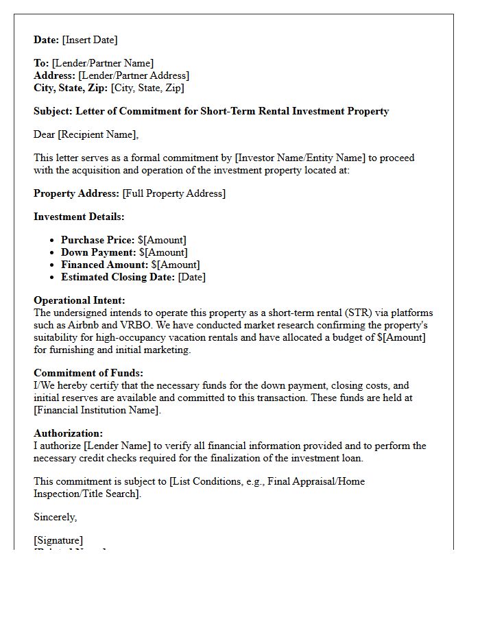 Short-Term Rental Investment Property Commitment Letter