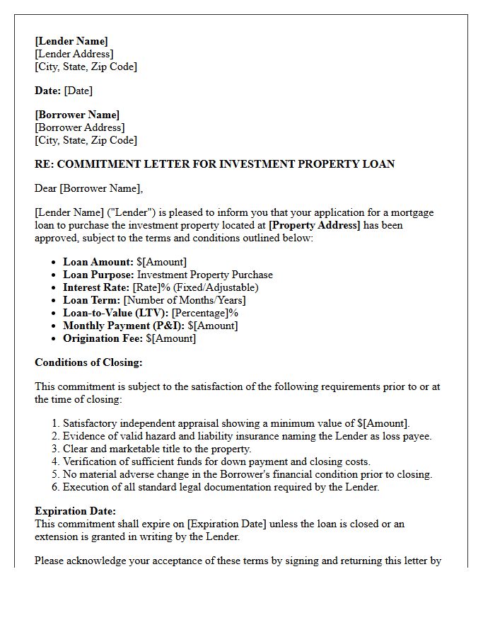 Standard Investment Property Commitment Letter