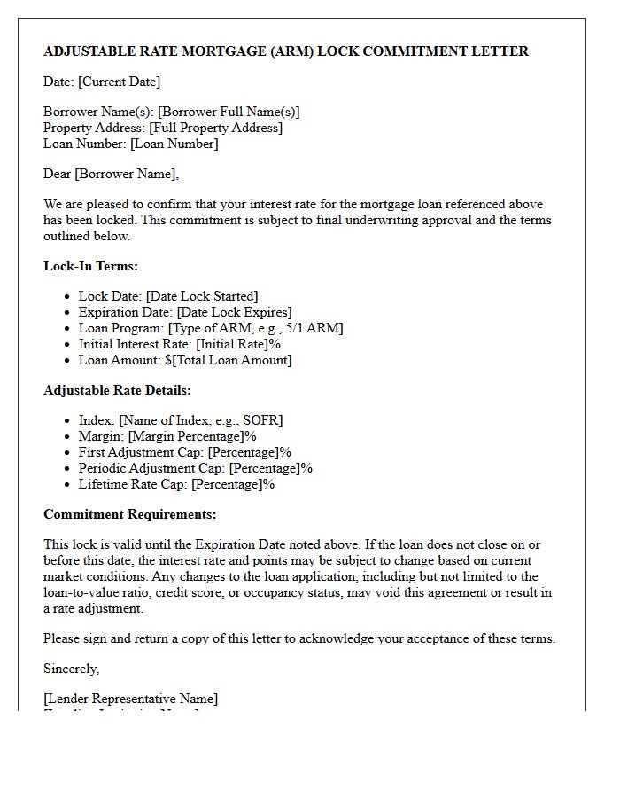 Adjustable Rate Mortgage Lock Commitment Letter