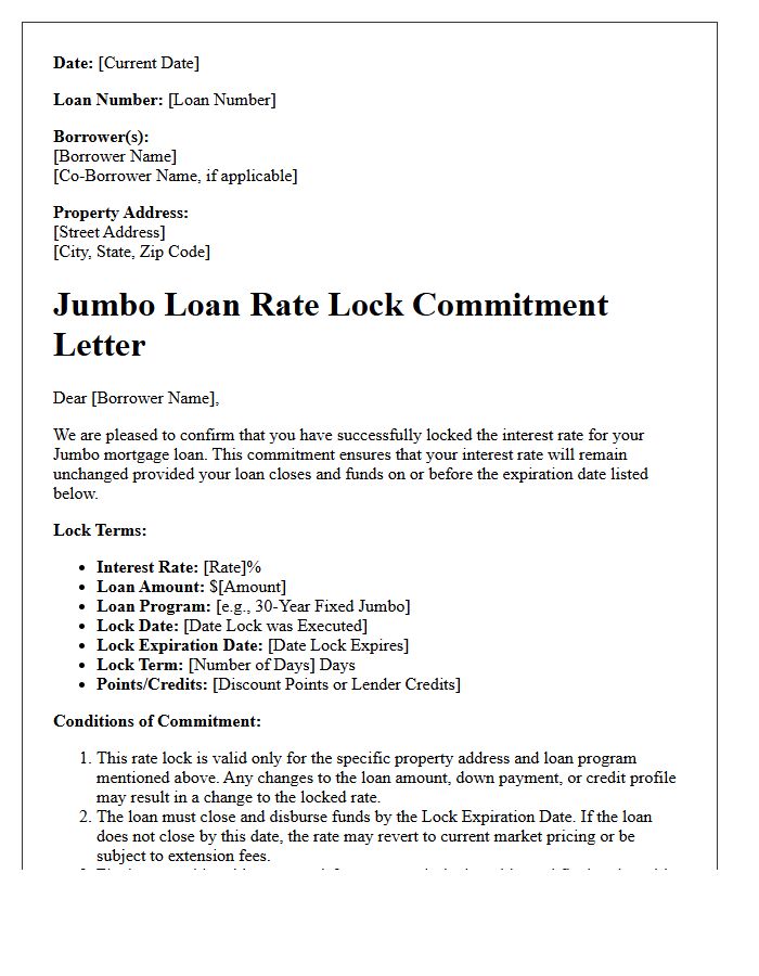 Jumbo Loan Rate Lock Commitment Letter