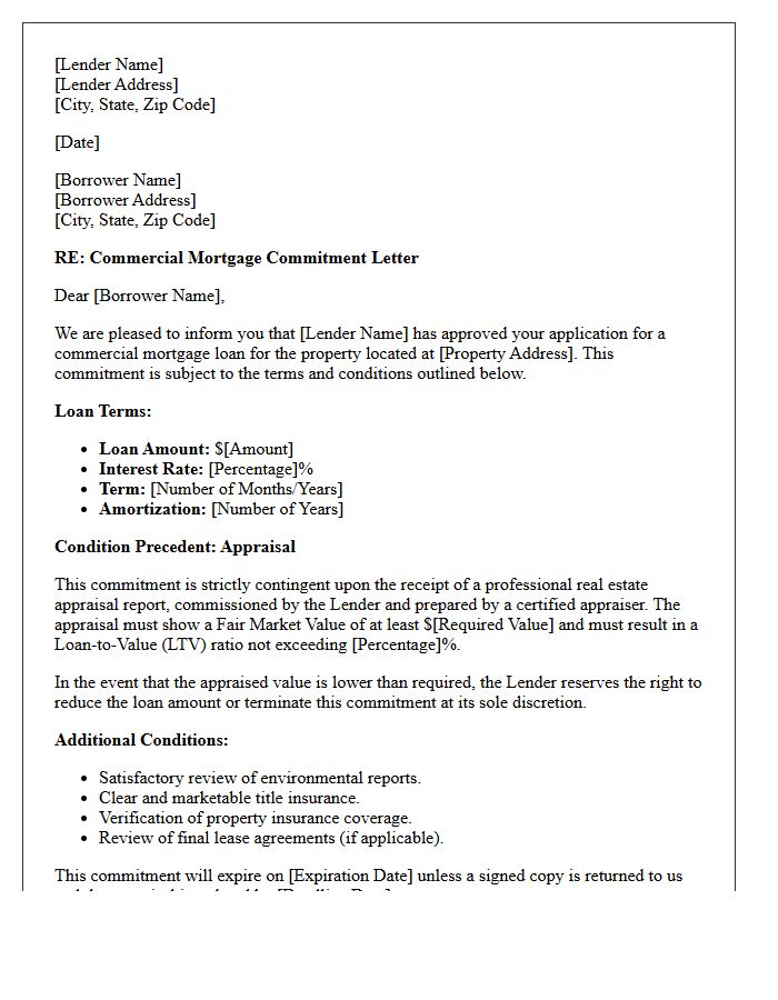 Commercial Mortgage Commitment Subject To Appraisal Letter